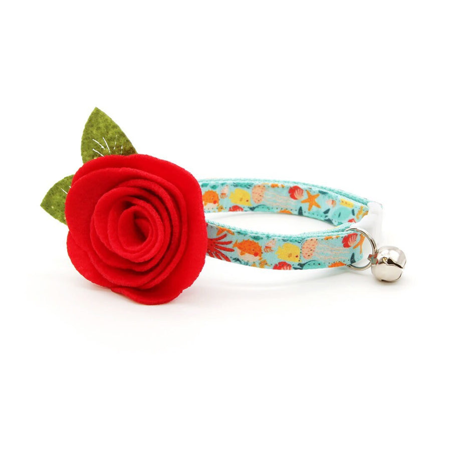 Cat Collar + Flower Set - "Ocean Life" - Aquatic Fish Cat Collar w/ Scarlet Felt Flower (Detachable)