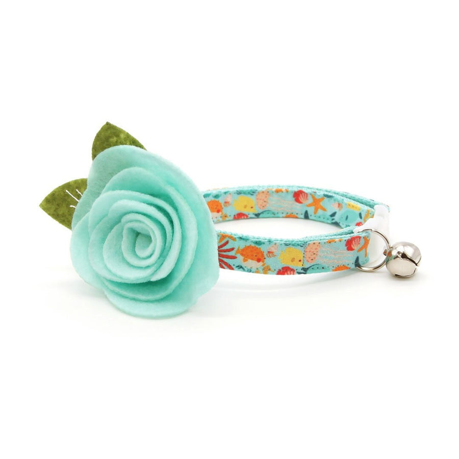 Cat Collar + Flower Set - "Ocean Life" - Aquatic Fish Cat Collar w/ Mint Felt Flower (Detachable)