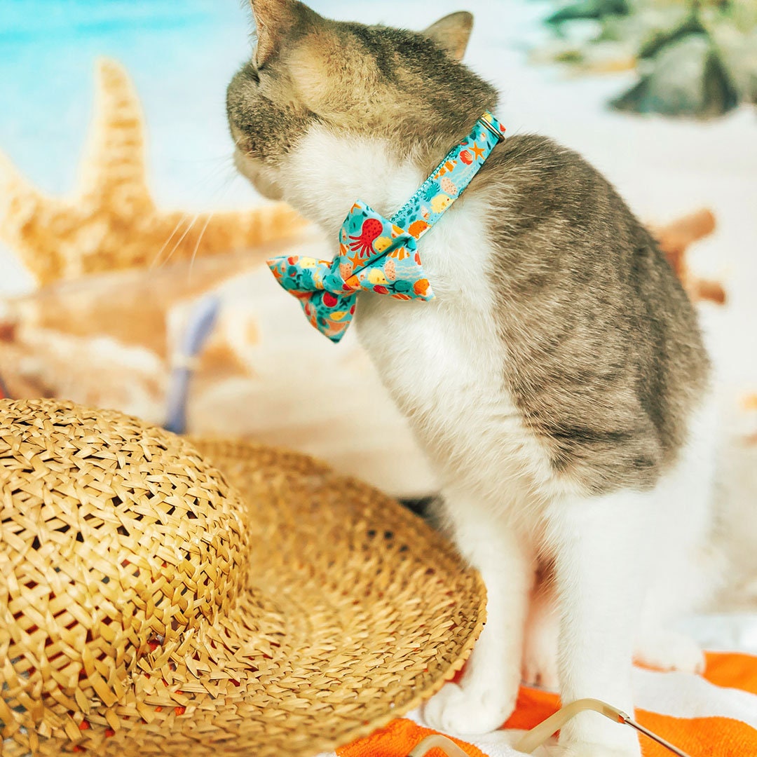 Cat Collar - "Ocean Life" - Aquatic Fish Cat Collar / Summer, Beach, Sea, Marine, Water / Breakaway Buckle or Non-Breakaway / Cat, Kitten + Small Dog Sizes