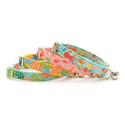 Cat Collar + Flower Set - "Flamingo Palms - Coral Pink" - Tropical Cat Collar w/ Fuchsia Felt Flower (Detachable)