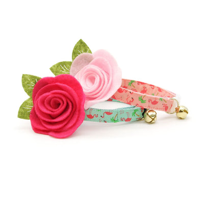 Cat Collar + Flower Set - "Flamingo Palms - Coral Pink" - Tropical Cat Collar w/ Baby Pink Felt Flower (Detachable)