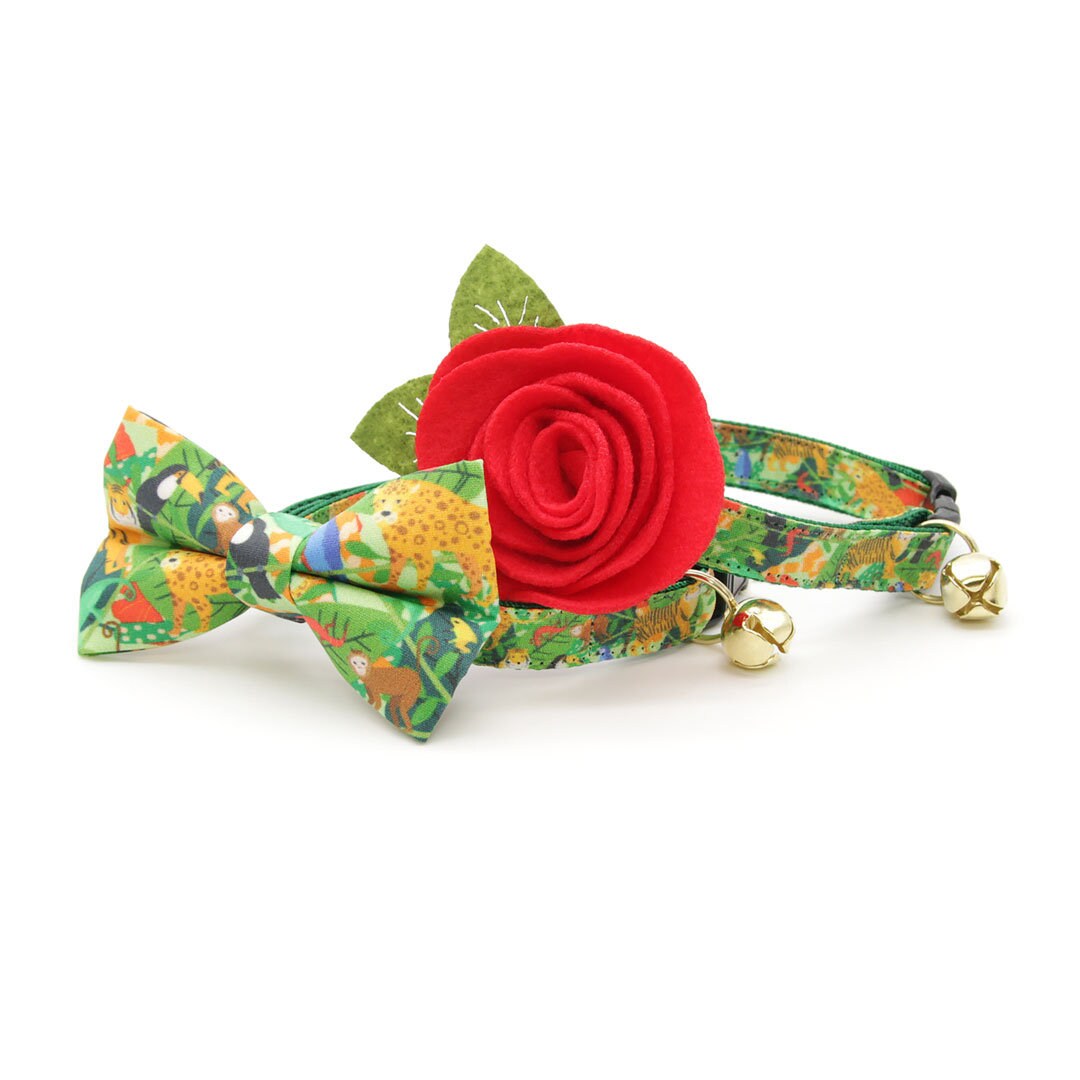 Cat Collar + Flower Set - "Jungle Vibes" - Tropical Rainforest Animals Cat Collar w/ Scarlet Red Felt Flower (Detachable)
