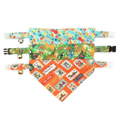 Pet Bandana - "Bon Voyage" - Rifle Paper Co® Postage Stamps Bandana for Cat + Small Dog / World Travel / Slide-on Bandana / Over-the-Collar (One Size)