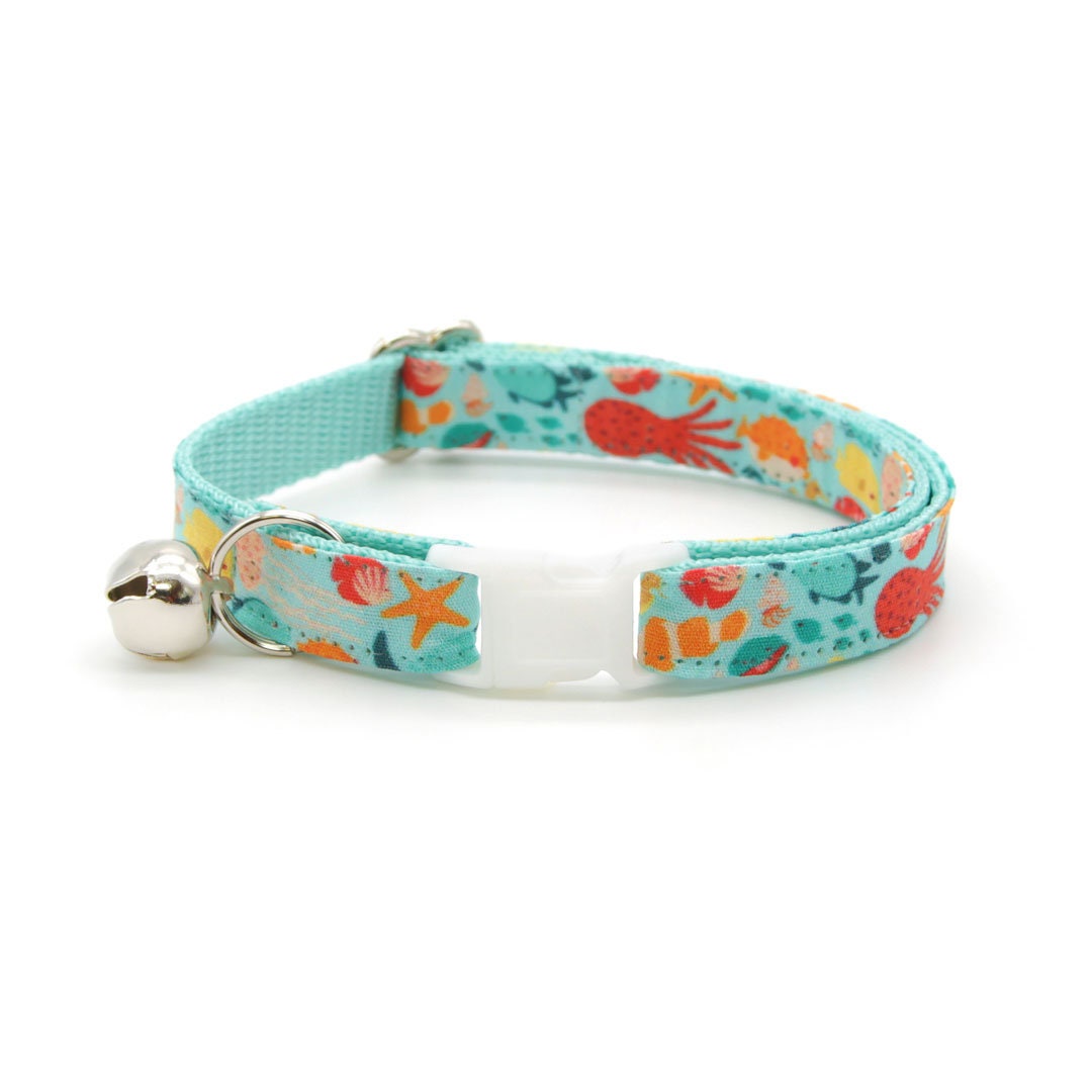 Cat Collar + Flower Set - "Ocean Life" - Aquatic Fish Cat Collar w/ Mint Felt Flower (Detachable)