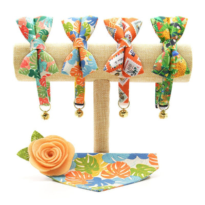 Cat Collar + Flower Set - "Tiki Dreams" - Monstera Hawaiian Tropical Cat Collar w/ Peach Felt Flower (Detachable)