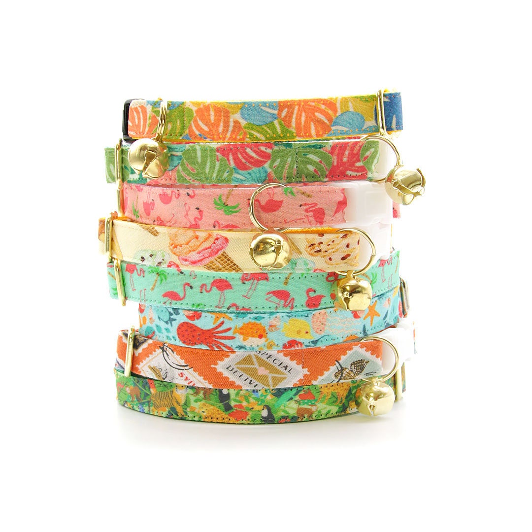 Bow Tie Cat Collar Set - "Ocean Life" - Aqua Cat Collar w/ Matching Bowtie / Summer, Beach, Sea, Marine, Fish / Cat, Kitten, Small Dog Sizes