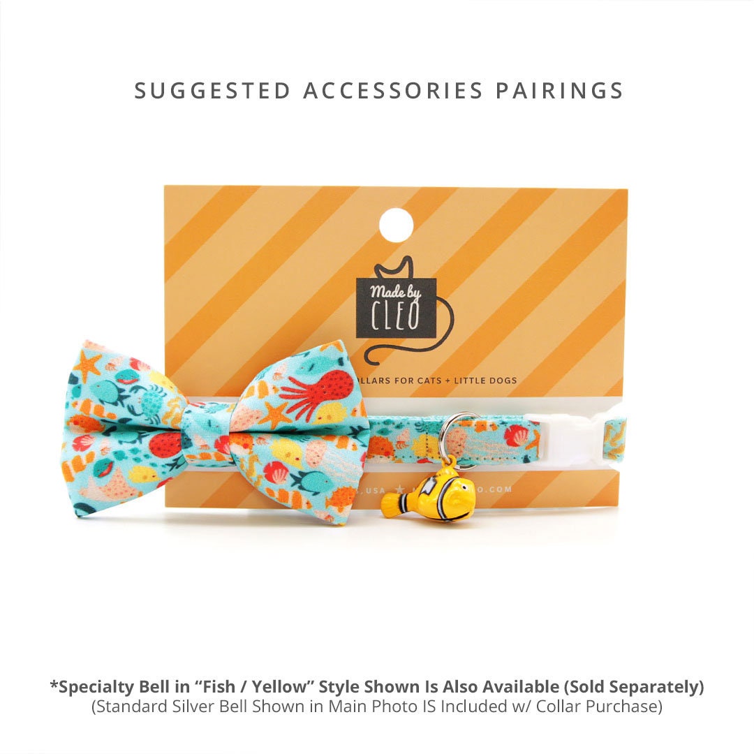 Bow Tie Cat Collar Set - "Ocean Life" - Aqua Cat Collar w/ Matching Bowtie / Summer, Beach, Sea, Marine, Fish / Cat, Kitten, Small Dog Sizes