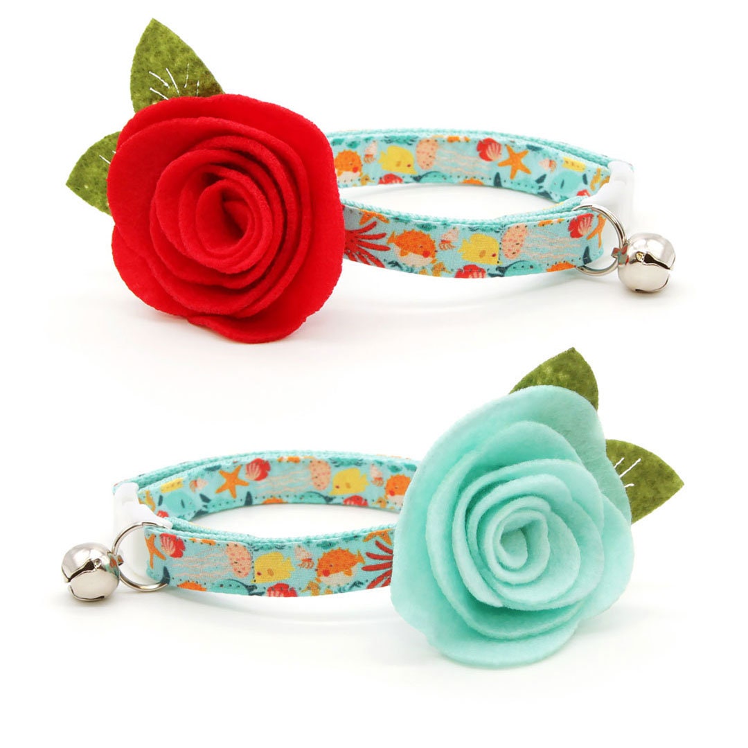 Cat Collar - "Ocean Life" - Aquatic Fish Cat Collar / Summer, Beach, Sea, Marine, Water / Breakaway Buckle or Non-Breakaway / Cat, Kitten + Small Dog Sizes