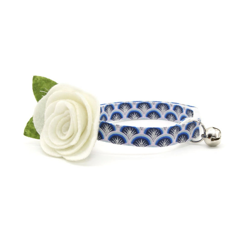 Cat Collar + Flower Set - "Empire" - Art Deco Blue Cat Collar w/ Ivory Felt Flower (Detachable)