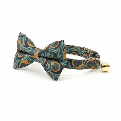 Bow Tie Cat Collar Set - "Peacock" - Art Nouveau Teal & Gold Cat Collar w/ Matching Bowtie / Art Deco, Fall, Feathers / Cat, Kitten, Small Dog Sizes
