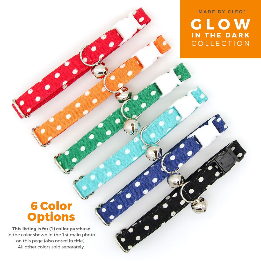 Cat Collar + Flower Set - "Polka Dot - Orange" - Glow In The Dark Cat Collar w/ Peach Felt Flower (Detachable)