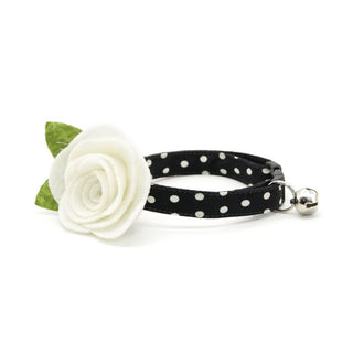 Cat Collar + Flower Set - "Polka Dot - Black" - Glow In The Dark Cat Collar w/ Ivory Felt Flower (Detachable) - Adult Cat (8-13) / Breakaway / Silver