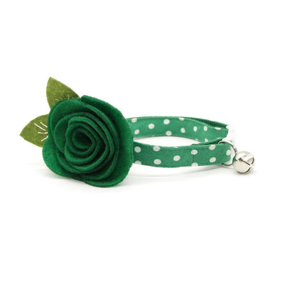 Cat Collar + Flower Set - "Polka Dot - Green" - Glow In The Dark Cat Collar w/ Clover Felt Flower (Detachable)
