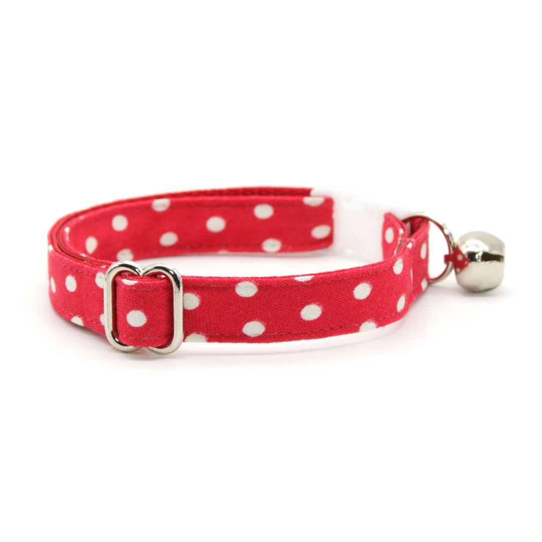 Cat Collar + Flower Set - "Polka Dot - Red" - Red Polka Dot Cat Collar w/ Scarlet Felt Flower (Detachable)