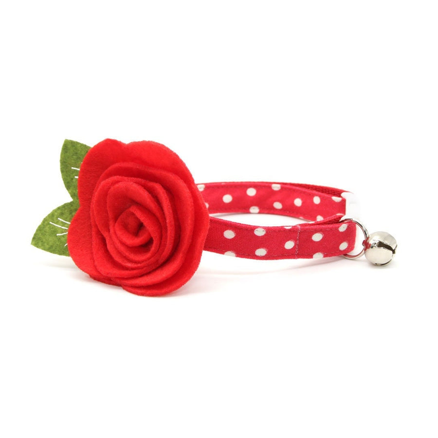 Cat Collar + Flower Set - "Polka Dot - Red" - Red Polka Dot Cat Collar w/ Scarlet Felt Flower (Detachable)
