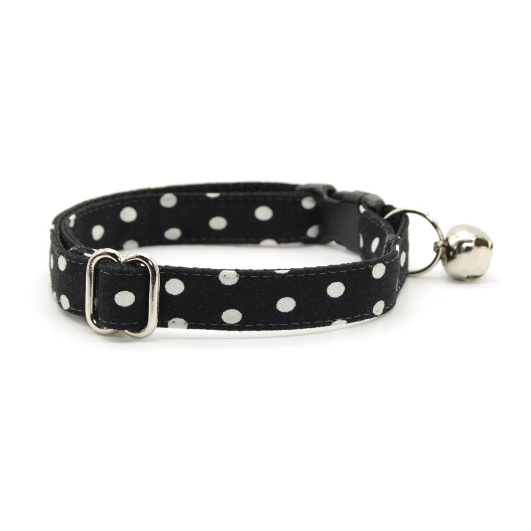 Bow Tie Cat Collar Set - "Polka Dot - Black" - Glow In The Dark Black Cat Collar w/ Matching Bowtie / Wedding, Birthday / Cat, Kitten, Small Dog Sizes