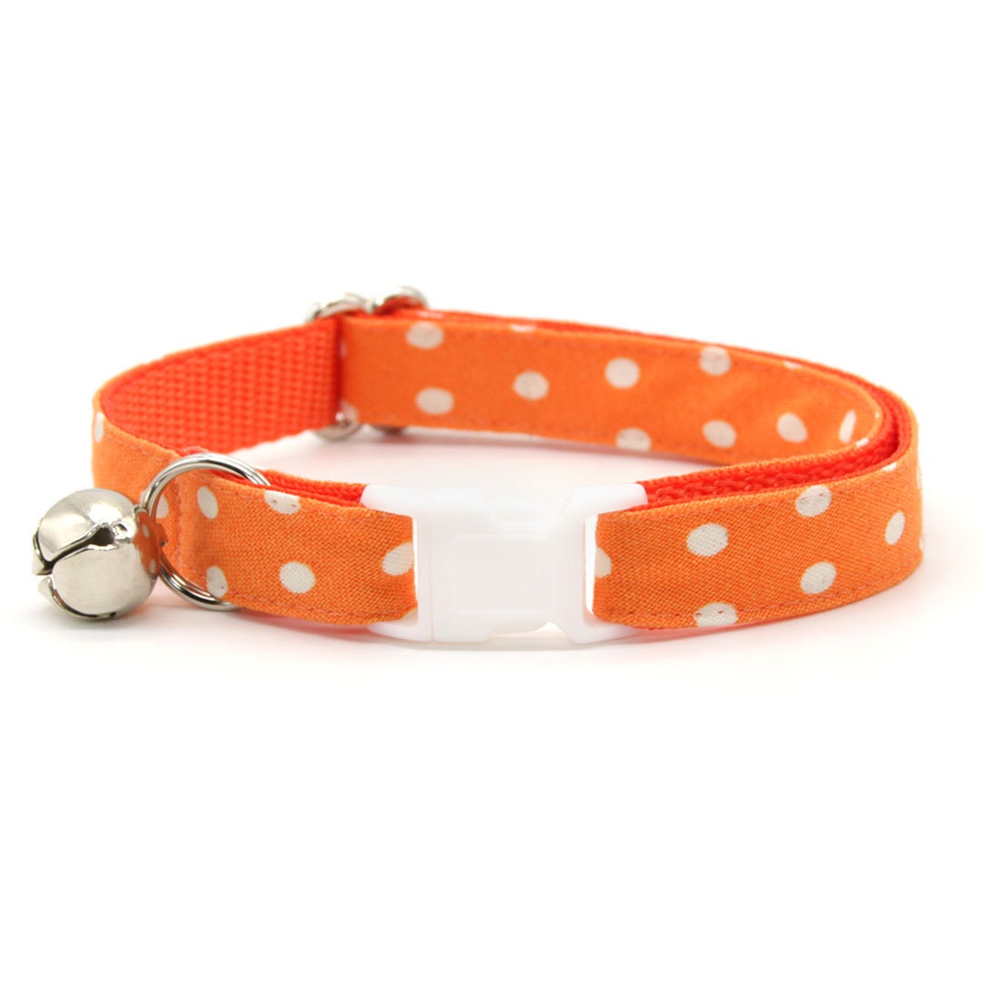 Cat Collar + Flower Set - "Polka Dot - Orange" - Glow In The Dark Cat Collar w/ Peach Felt Flower (Detachable)