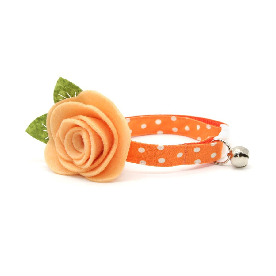 Cat Collar + Flower Set - "Polka Dot - Orange" - Glow In The Dark Cat Collar w/ Peach Felt Flower (Detachable)