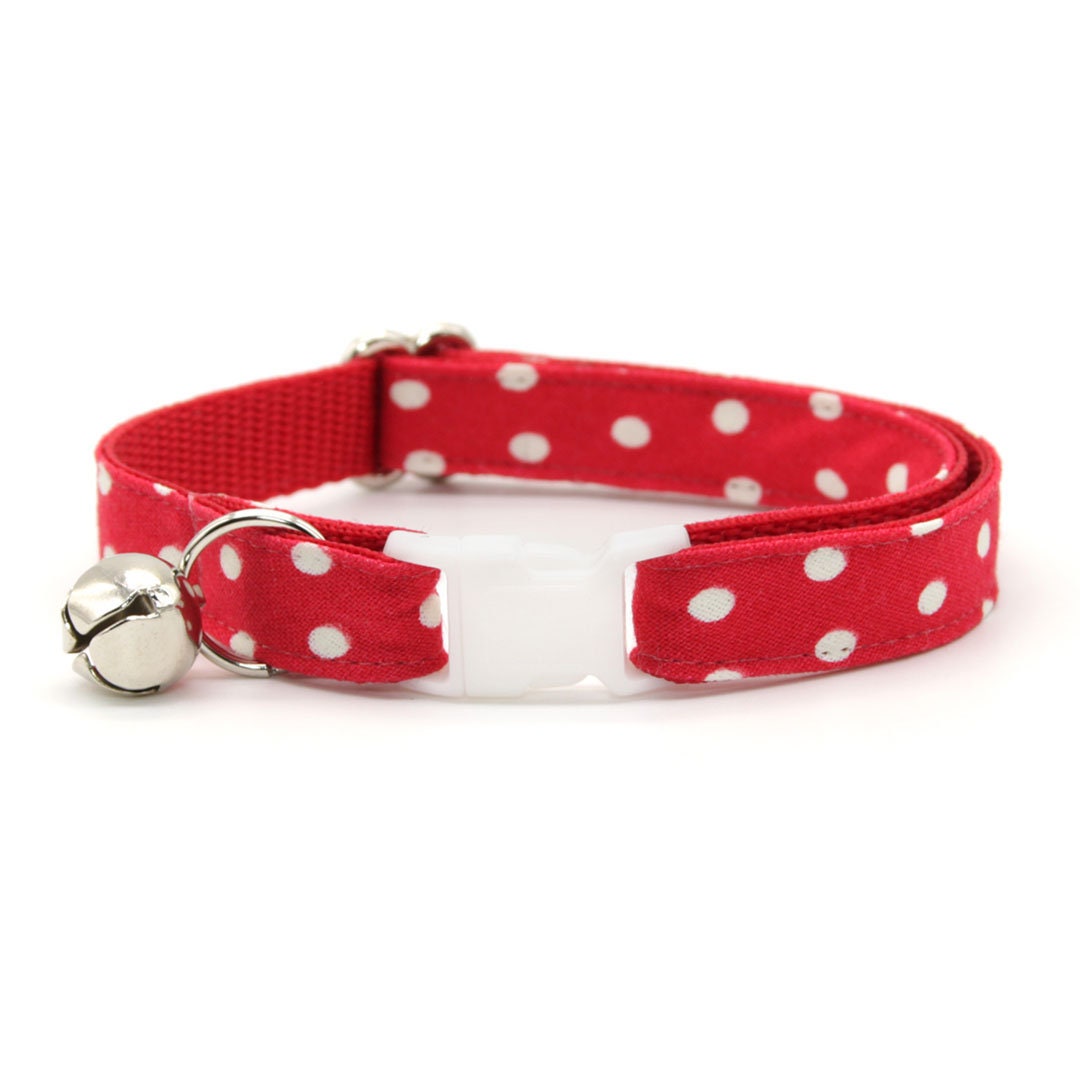 Cat Collar + Flower Set - "Polka Dot - Red" - Red Polka Dot Cat Collar w/ Scarlet Felt Flower (Detachable)