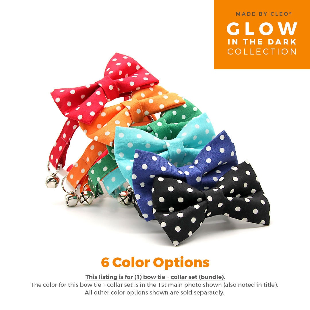Bow Tie Cat Collar Set - "Polka Dot - Orange" - Glow In The Dark Orange Cat Collar w/ Matching Bowtie / Halloween, Wedding / Cat, Kitten, Small Dog Sizes