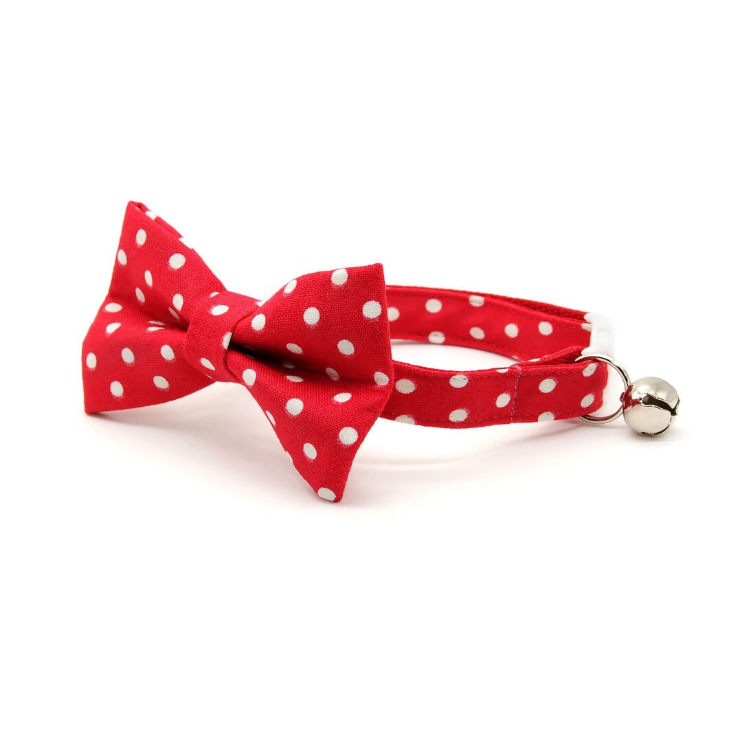 Bow Tie Cat Collar Set - "Polka Dot - Red" - Red Polka Dot Cat Collar w/ Matching Bowtie / Wedding, Valentine's Day / Cat, Kitten, Small Dog Sizes