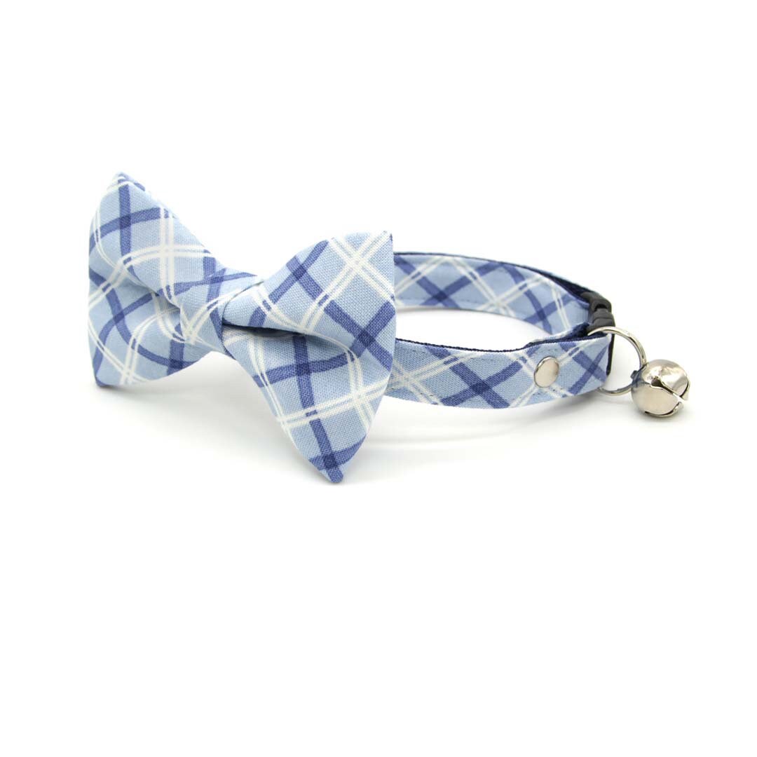 Cat Collar - "Skye" - Light Blue Plaid Cat Collar / Fall, Winter, Preppy, Nautical, Wedding / Breakaway Buckle or Non-Breakaway / Cat, Kitten + Small Dog Sizes
