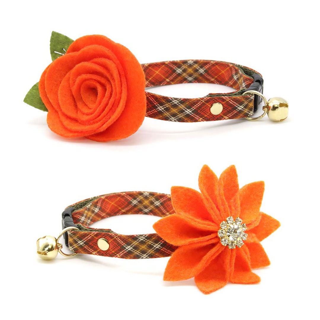 Cat Collar - "Pecan Praline" - Orange Plaid Cat Collar / Fall, Autumn, Harvest, Thanksgiving, Wedding / Breakaway Buckle or Non-Breakaway / Cat, Kitten + Small Dog Sizes
