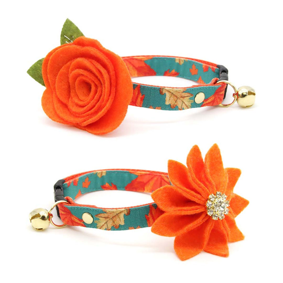 Cat Collar - "Maple Hill" - Autumn Leaves Cat Collar / Fall, Thanksgiving, Maple Leaf, Teal / Breakaway Buckle or Non-Breakaway / Cat, Kitten + Small Dog Sizes