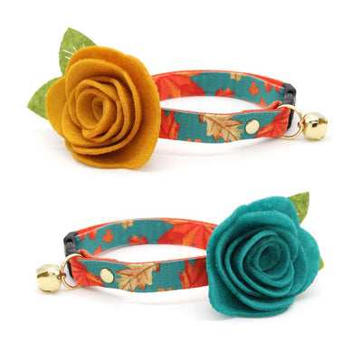 Cat Collar - "Maple Hill" - Autumn Leaves Cat Collar / Fall, Thanksgiving, Maple Leaf, Teal / Breakaway Buckle or Non-Breakaway / Cat, Kitten + Small Dog Sizes