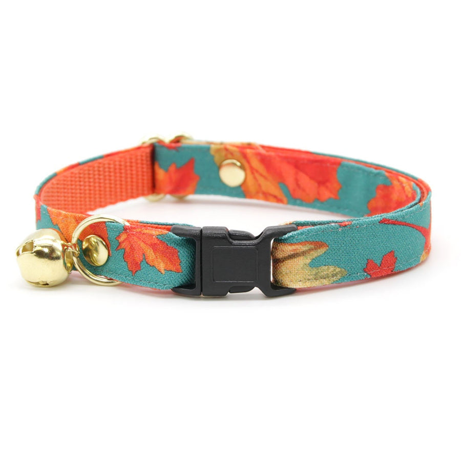 Cat Collar - "Maple Hill" - Autumn Leaves Cat Collar / Fall, Thanksgiving, Maple Leaf, Teal / Breakaway Buckle or Non-Breakaway / Cat, Kitten + Small Dog Sizes