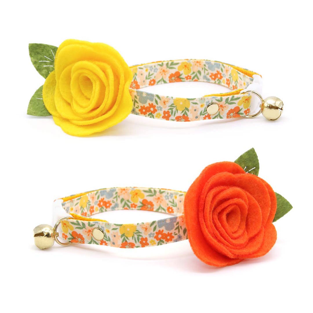 Cat Collar - "Aurora" - Orange & Yellow Floral Cat Collar / Fall, Spring, Marigolds, Buttercups, Wedding / Breakaway Buckle or Non-Breakaway / Cat, Kitten + Small Dog Sizes