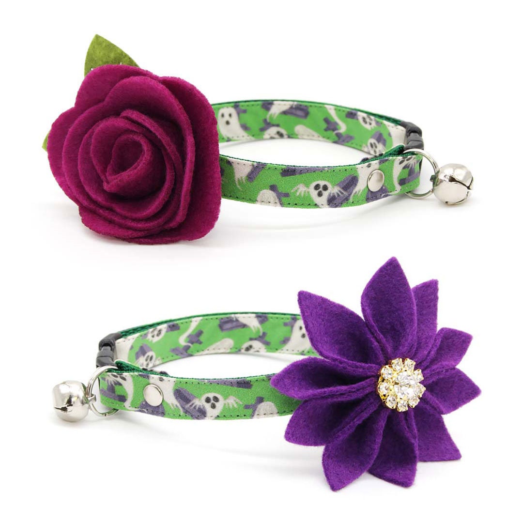 Cat Collar - "Ghostly Gathering" - Halloween Green Ghost Cat Collar / Haunted Graveyard, Cemetery, Skulls / Breakaway Buckle or Non-Breakaway / Cat, Kitten + Small Dog Sizes