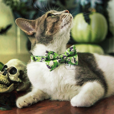 Cat Collar - "Ghostly Gathering" - Halloween Green Ghost Cat Collar / Haunted Graveyard, Cemetery, Skulls / Breakaway Buckle or Non-Breakaway / Cat, Kitten + Small Dog Sizes