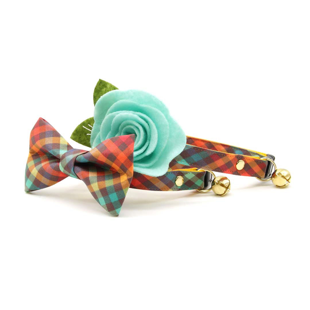 Bow Tie Cat Collar Set - "Campfire" - Smoky Rainbow Plaid Cat Collar w/ Matching Bowtie / Fall, Autumn, Thanksgiving / Cat, Kitten, Small Dog Sizes Sizes