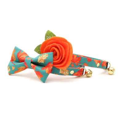 Bow Tie Cat Collar Set - "Maple Hill" - Autumn Leaves Cat Collar w/ Matching Bowtie / Fall, Thanksgiving, Teal / Cat, Kitten, Small Dog Sizes Sizes