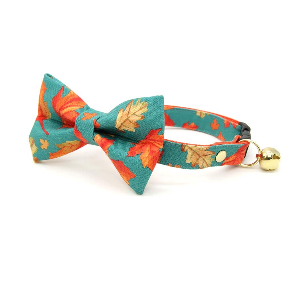 Bow Tie Cat Collar Set - "Maple Hill" - Autumn Leaves Cat Collar w/ Matching Bowtie / Fall, Thanksgiving, Teal / Cat, Kitten, Small Dog Sizes Sizes