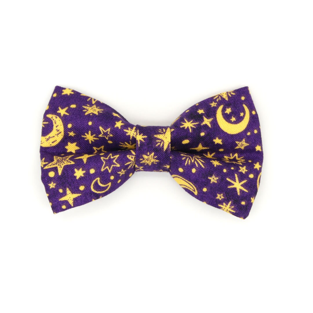 Bow Tie Cat Collar Set - "Moonlight - Purple" - Stars & Moon Cat Collar w/ Matching Bowtie / Night, Magic, Fantasy, Celestial / Cat, Kitten, Small Dog Sizes Sizes