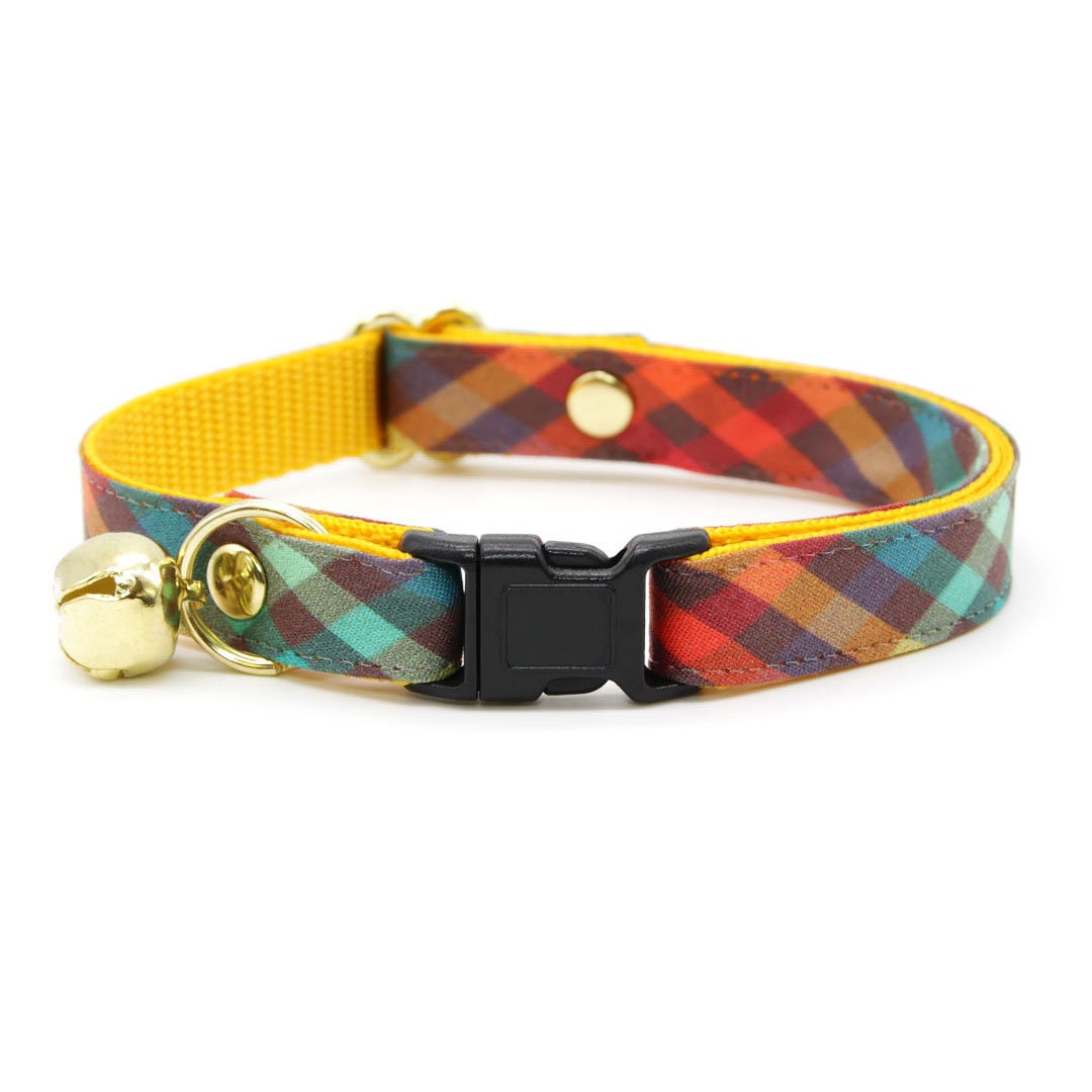 Cat Collar + Flower Set - "Campfire" - Smoky Plaid Cat Collar w/ Orange Felt Flower (Detachable)