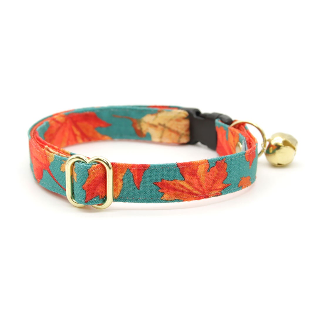 Cat Collar + Flower Set - "Maple Hill" - Autumn Leaves Cat Collar w/ Teal Felt Flower (Detachable)