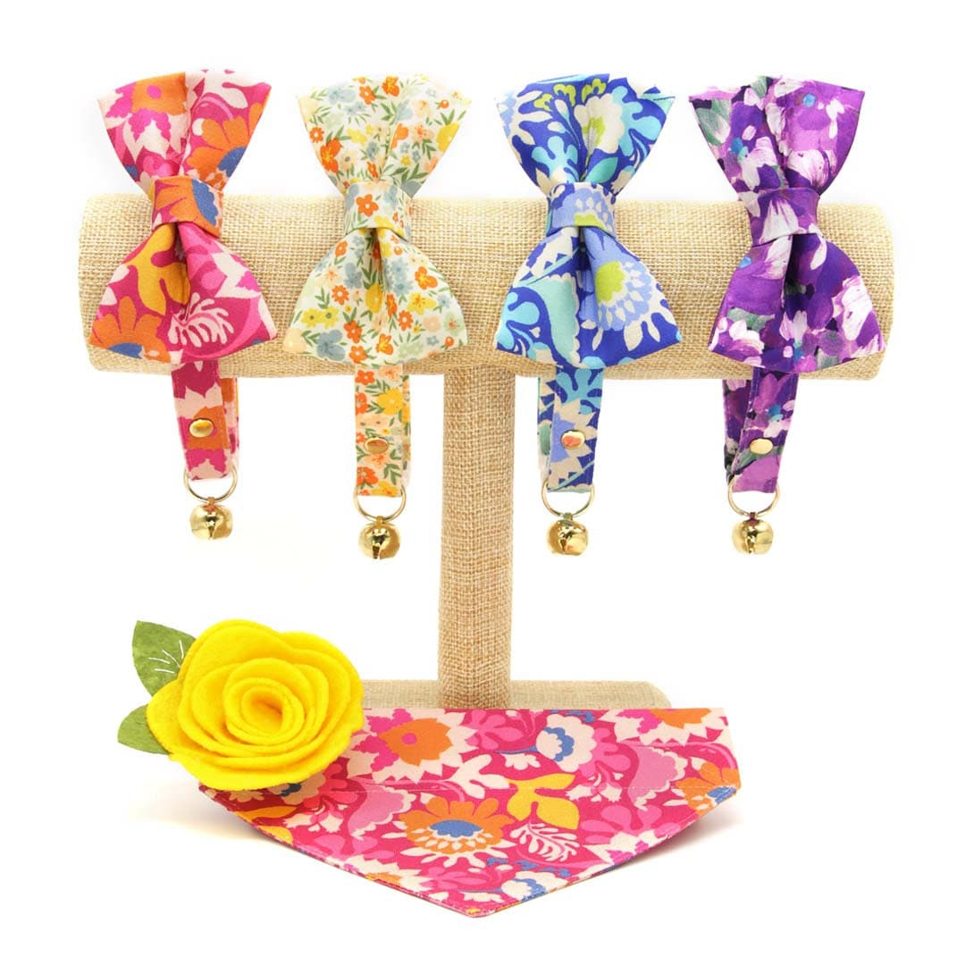 Cat Collar + Flower Set - "Aurora" - Yellow Floral Cat Collar w/ Yellow Felt Flower (Detachable)