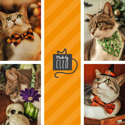 Cat Collar + Flower Set - "Cabin Fever" - Halloween Plaid Cat Collar w/ Orange Felt Flower (Detachable)