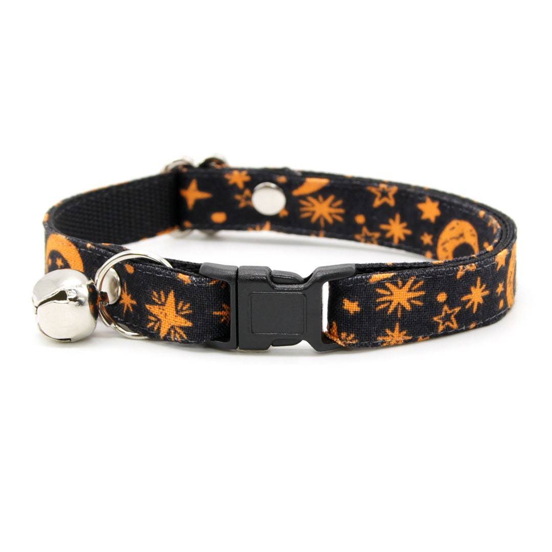 Cat Collar + Flower Set - "Moonlight - Black" - Halloween Stars & Moon Cat Collar w/ Orange Felt Flower (Detachable)