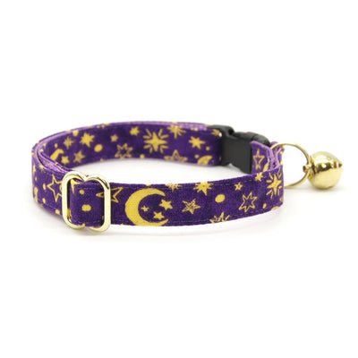 Cat Collar + Flower Set - "Moonlight - Purple" - Stars & Moon Cat Collar w/ Plum Felt Flower (Detachable)