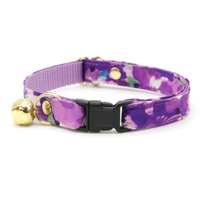 Cat Collar + Flower Set - "Persephone" - Painterly Floral Purple Cat Collar w/ Lavender Felt Flower (Detachable)
