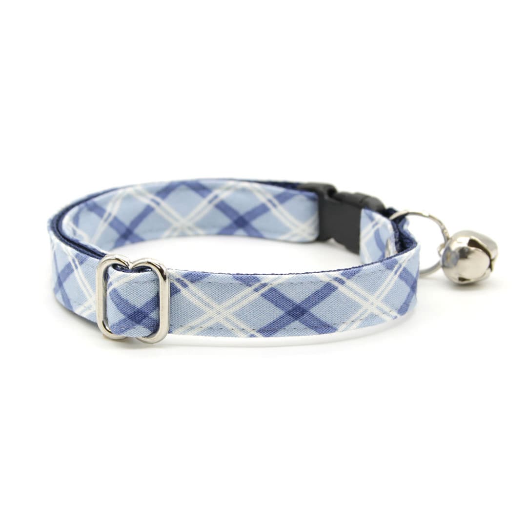 Cat Collar + Flower Set - "Skye" - Light Blue Plaid Cat Collar w/ Sky Blue Felt Flower (Detachable)