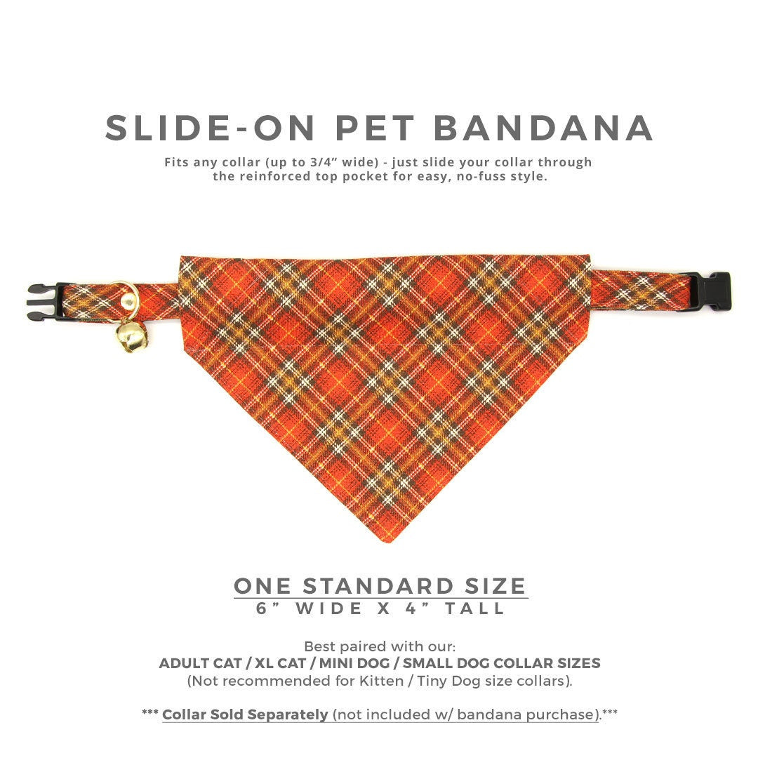 Pet Bandana - "Pecan Praline" - Burnt Orange Plaid Bandana for Cat + Small Dog / Wedding, Fall, Autumn, Thanksgiving / Slide-on Bandana / Over-the-Collar (One Size)