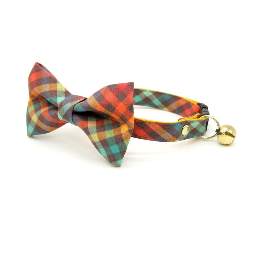 Bow Tie Cat Collar Set - "Campfire" - Smoky Rainbow Plaid Cat Collar w/ Matching Bowtie / Fall, Autumn, Thanksgiving / Cat, Kitten, Small Dog Sizes Sizes