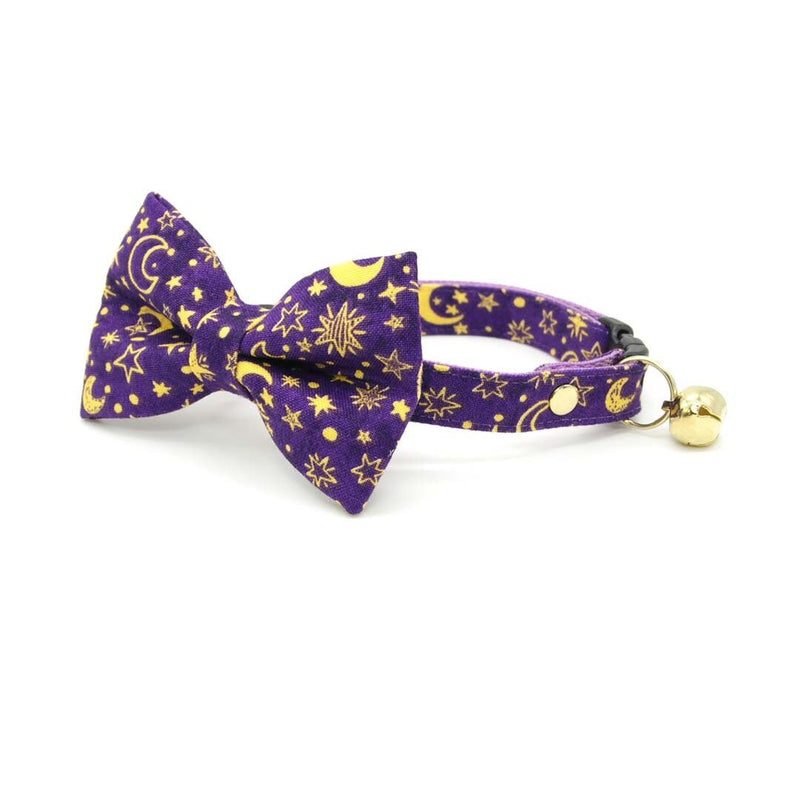 Bow Tie Cat Collar Set - "Moonlight - Purple" - Stars & Moon Cat Collar w/ Matching Bowtie / Night, Magic, Fantasy, Celestial / Cat, Kitten, Small Dog Sizes Sizes