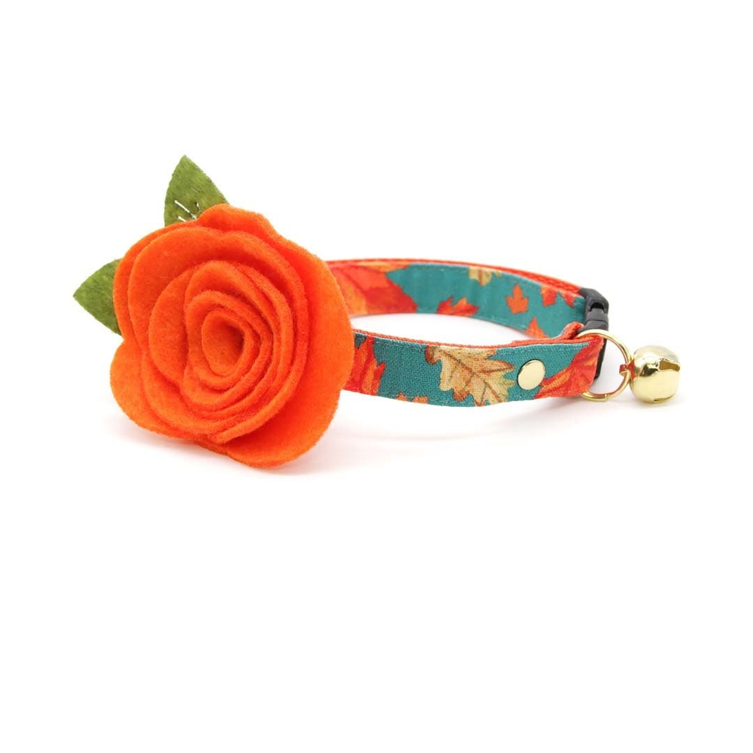 Cat Collar + Flower Set - "Maple Hill" - Autumn Leaves Cat Collar w/ Orange Felt Flower (Detachable)