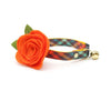 Cat Collar + Flower Set - "Campfire" - Smoky Plaid Cat Collar w/ Orange Felt Flower (Detachable)